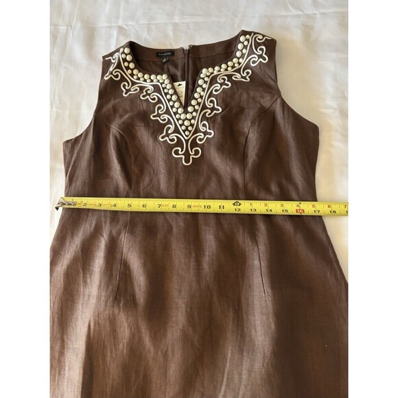 TALBOTS 100% Linen Shift Dress Women 10 Brown White Beaded Sleeveless Career NEW - Picture 11 of 13